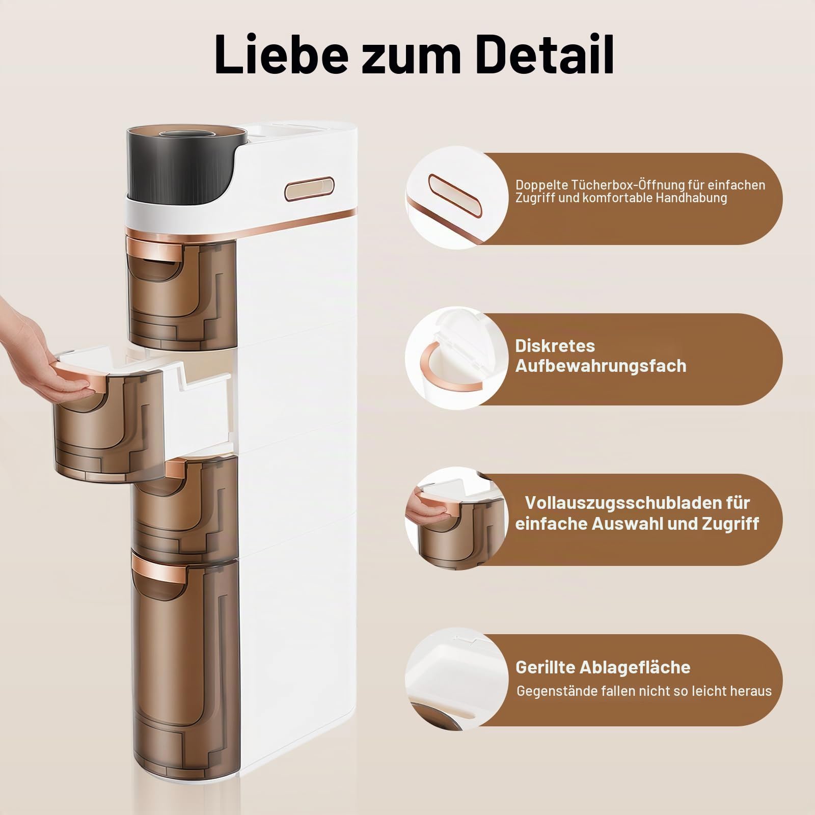 4-stöckiger Slim Bathroom Organizer, schmaler Badezimmer-Organisator mit leisen Rollen und Schubladen für enge Räume, Bad, Küche, Waschküche, weiß