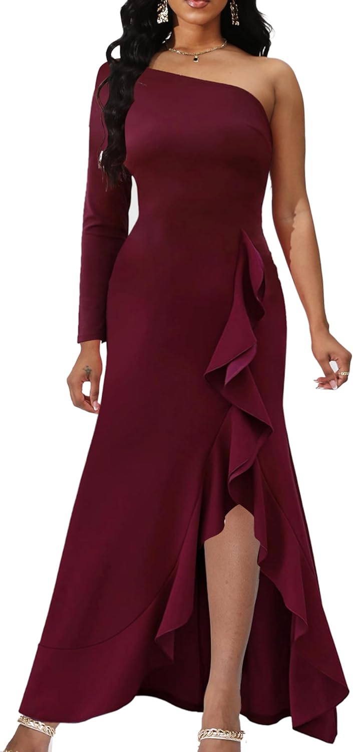 Women's Sexy One Shoulder Long Sleeve Cocktail Dresses Bodycon Ruched Wrap Split Party Formal Long Dress