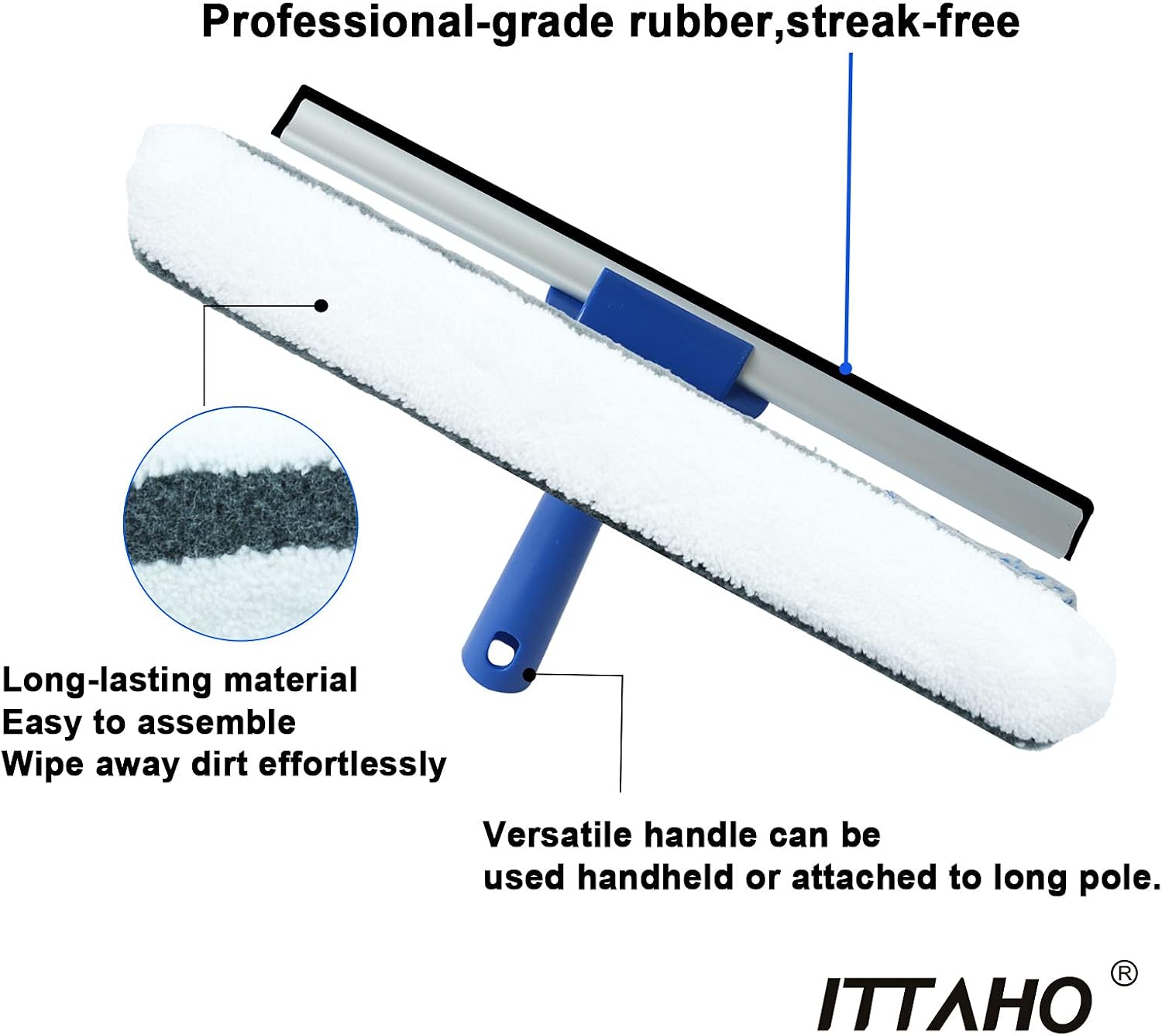 ITTAHO All Purpose Window Squeegee, with 58" Stainless Steel Long Handle and 2 Pcs Microfiber Scrubber Sleeve, 12" Squeegee for Window Cleaning, Car Window, Hard-to-Reach Areas Cleaning Tool
