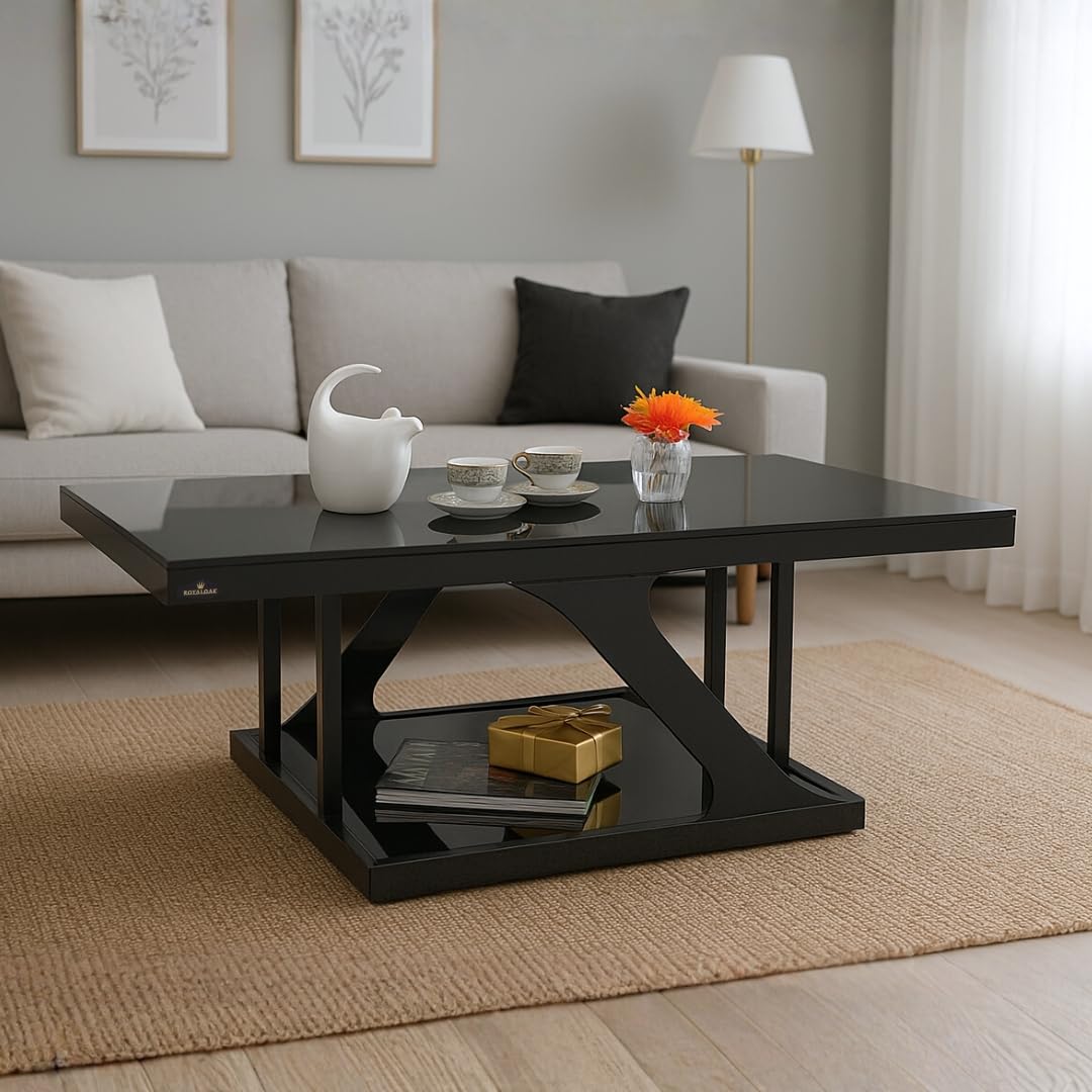 Royaloak I Poh Malaysian Rectangular Glass Coffee Table | Coffee Table for Living Room with Tempered Glass Top, Powder-Coated Metal Base, Geometric Panels, Bottom Shelf & Modern Design-image-45