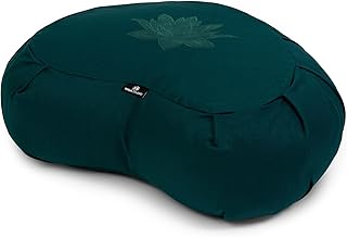 Yoga Studio Lotus Crescent Zafu - Puf de meditación con funda de algodón, 42 x 13 x 18 cm, cáscaras de trigo sarraceno, asa de transporte, accesorios de yoga, color verde azulado