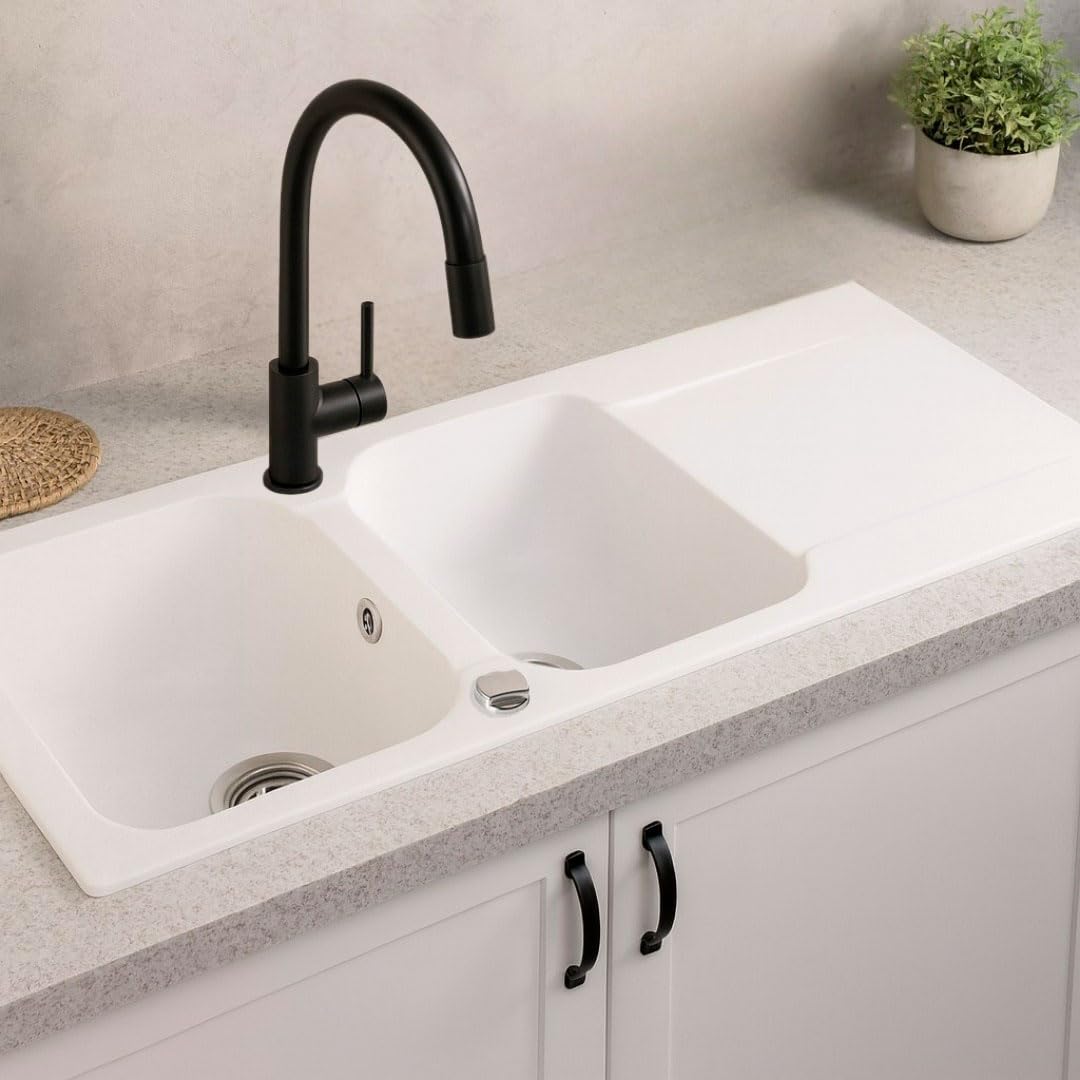 Essebagno Lisse fregadero reversible 2 cubetas 1 escurridor en resina blanca