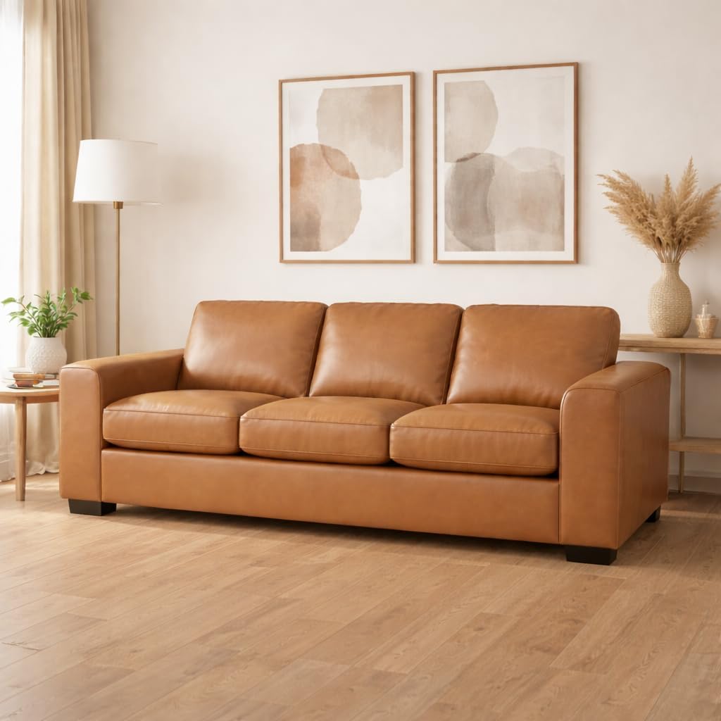 Naomi Home Genuine Leather Couch for Family Living Room – Luxury Sofa with Ergonomic Backrest, Square Arms, Solid Wood Frame, Strong Weight Capacity & Removable Cushions – Premium Genuine Leather Sofa