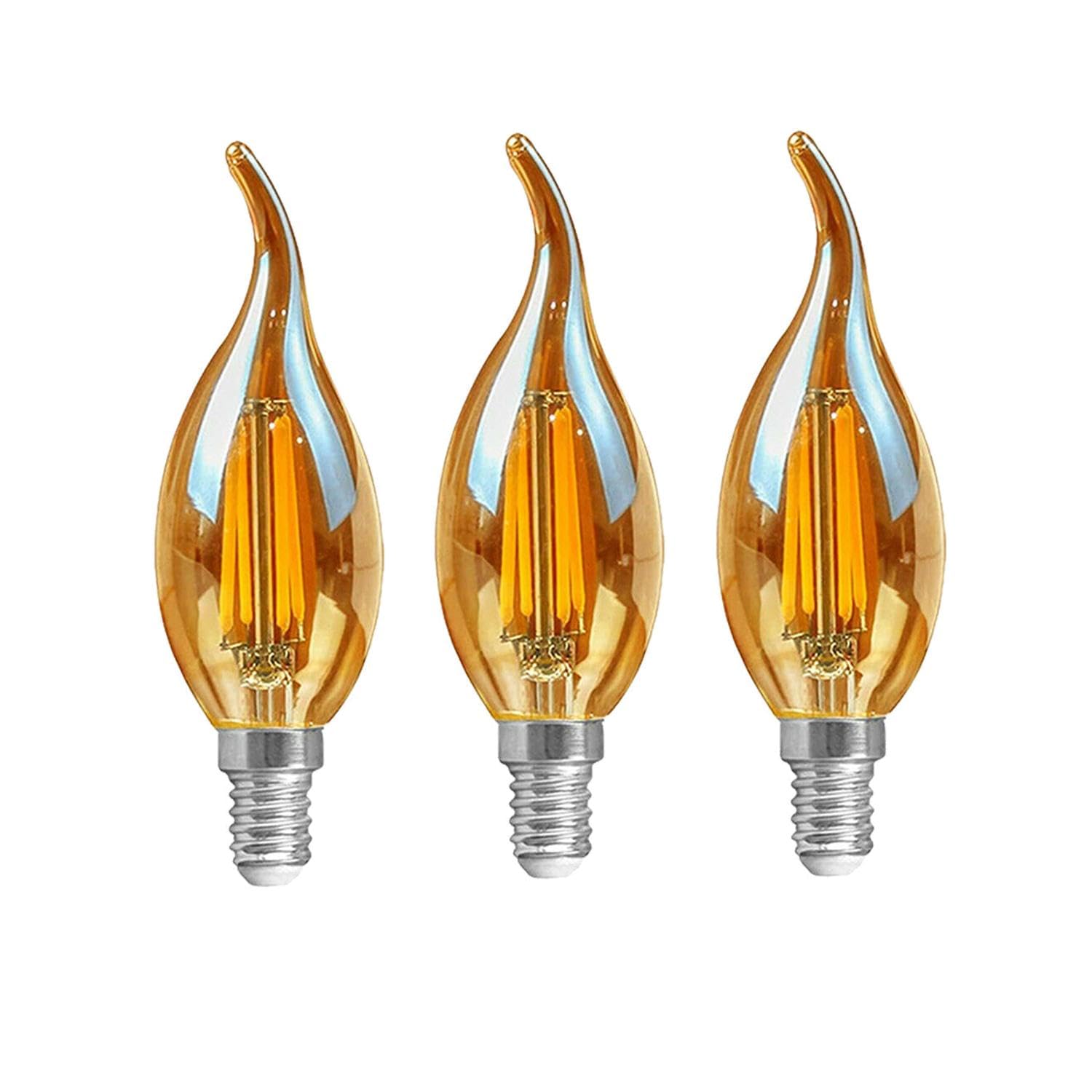 Pack 3 | LED E14 Candle Light Bulb, 4W (Equivalent 40W) Dimmable C35 Flame Tip 2700K Warm White Amber Glass 450 Lumens Small Edison Screw LED Filament Vintage Energy Saving Bulb for Chandeliers