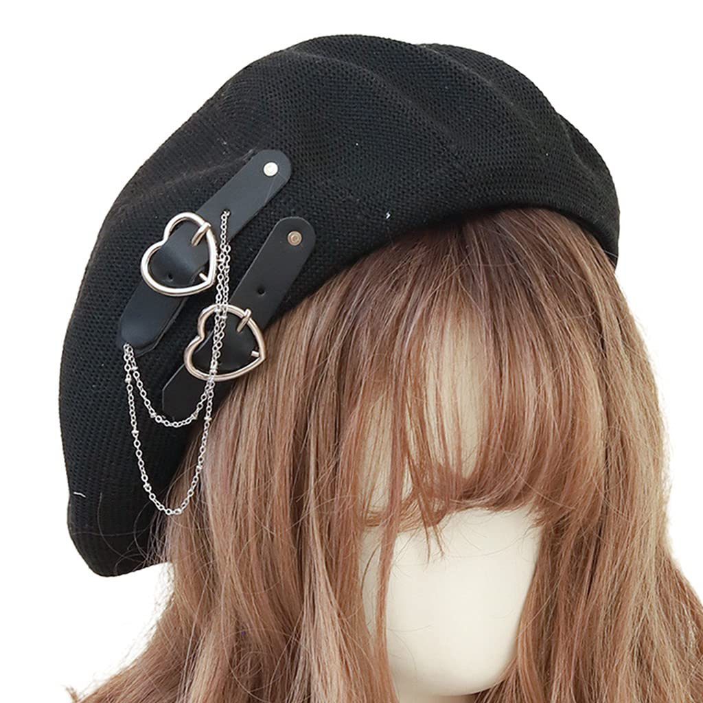 Douoiussluka Girls Black Sweet Cool Punk Beret Hat Cute Heart Buckle Jk Hat Japanese Beanie Jk Hat Kawaii Preppy Style Beret
