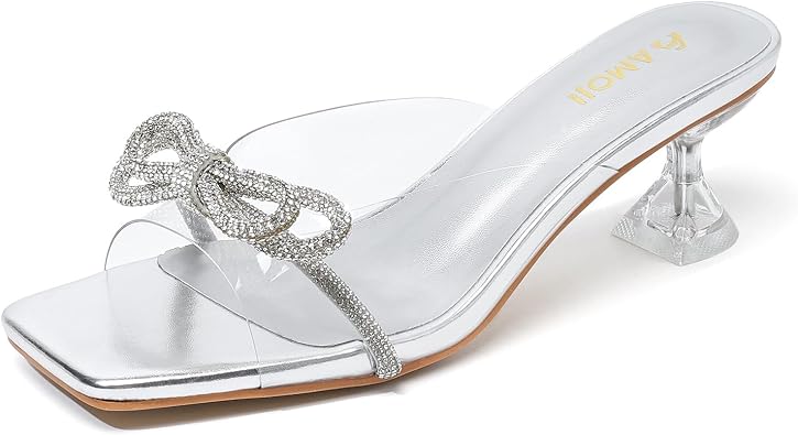 Amoji Womens 2 Inch Kitten Heels Rhinestone Clear Slip On Heeled Sandal 346