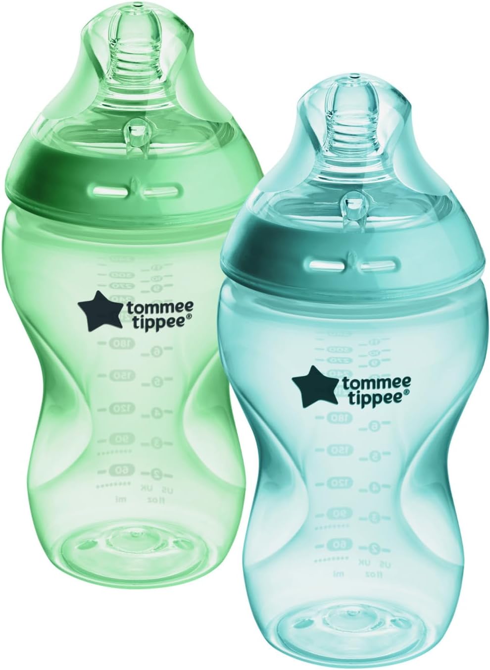 Tommee Tippee Natural Start Baby Bottle, 11oz, Thicker Feed, Breast-Like for Babies 6 Months+, Fiesta Colorful Bottles, Green and Teal, 2 Count