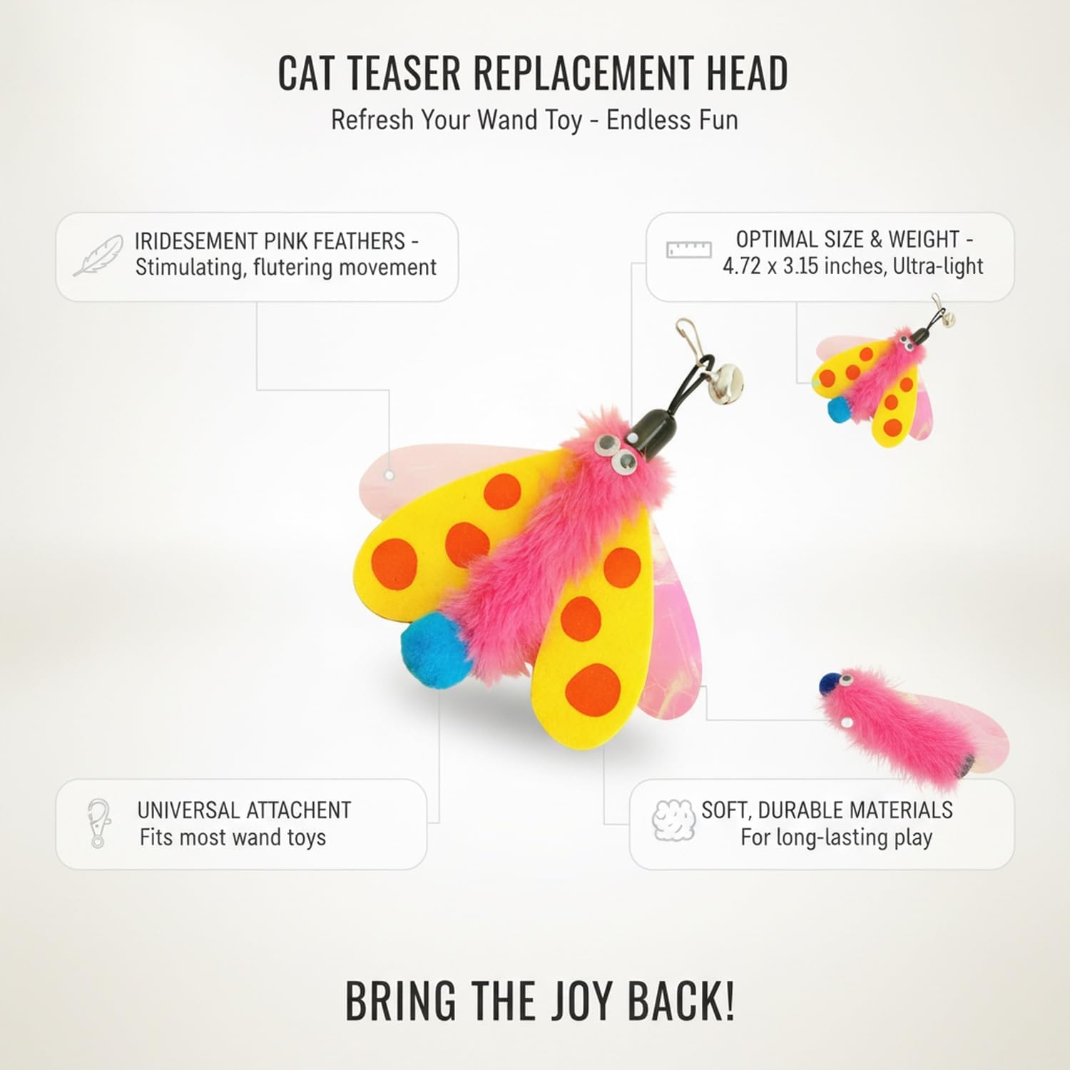 Quick-Attach Cat Teaser Refill Head, Iridescent Pink Feather Replacement for Interactive Wands, Easy Swap Design (1 Count) image 5