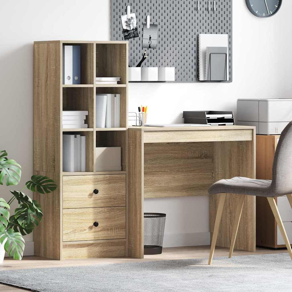 Scrivania con cassetti in rovere Sonoma, 135,5 x 50 x 127 cm, set da 2 pezzi, grande tavolo da ufficio, scrivania per computer, versatile, per ufficio e gioco, con spazio di archiviazione e superficie