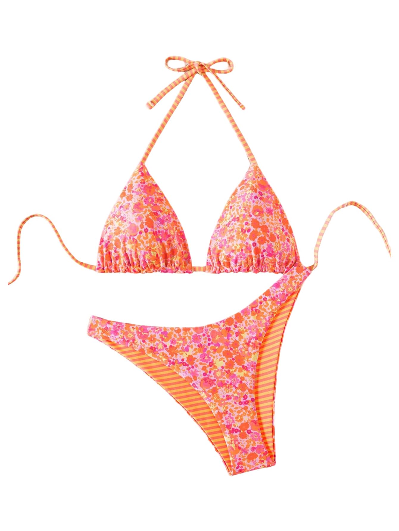 Ensembles de bikini rayés à fleurs avec taille-haut et dos nu espiègle pour femmes