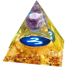 Orgone Pyramid Zodiac Aries Crystal Healing Stone Amethyst Sphere with Citrine for Positive Energy Chakra Reiki Protection Orgonite Pryamids Meditation Gift