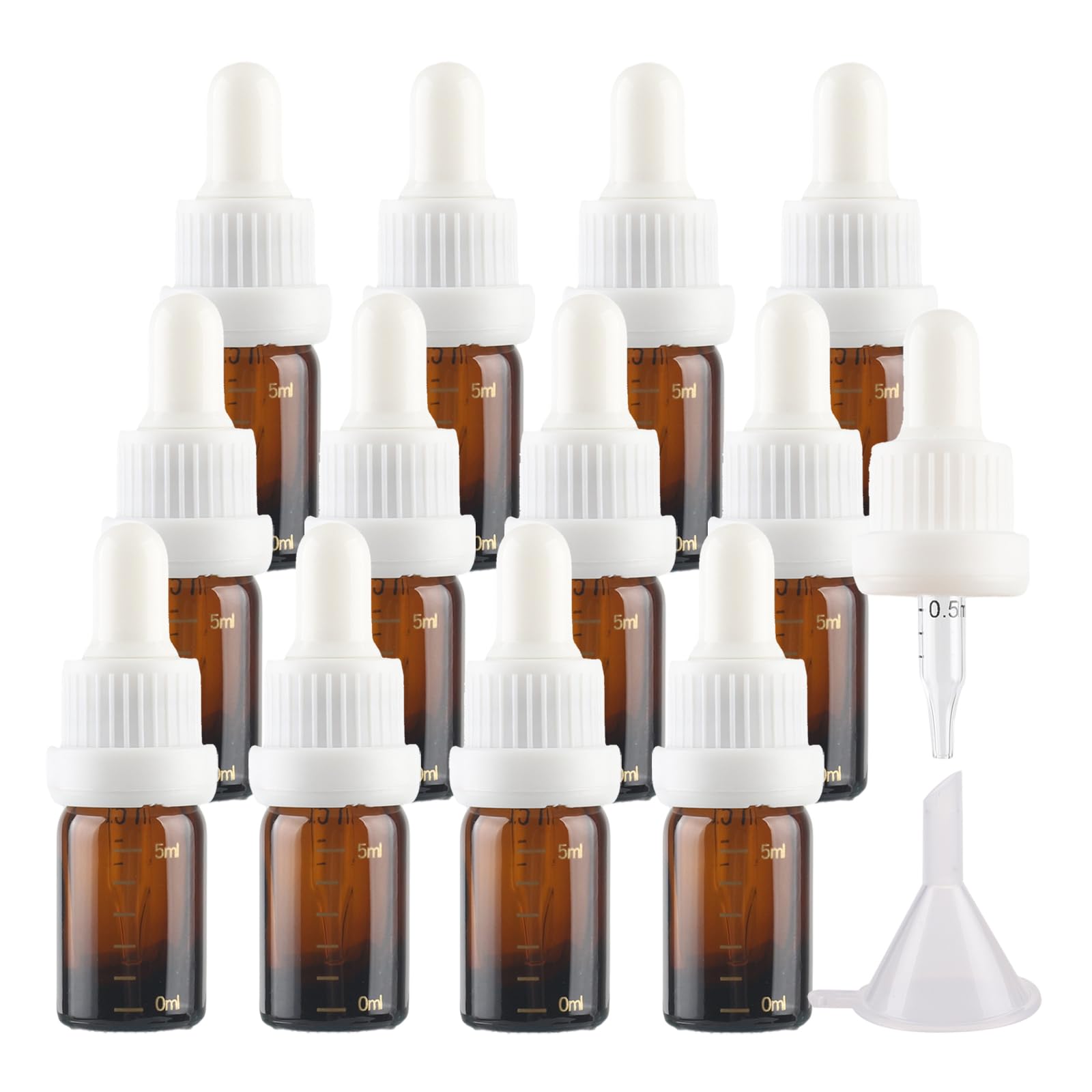 24 Stück 5ml Leere Braunglas Abgestufter Tropfflasche mit Messpipetten Weiß Originalitätsverschluss, Stichprobe Glaspipette Tropfflasche für Aromatherapie ätherische Öle