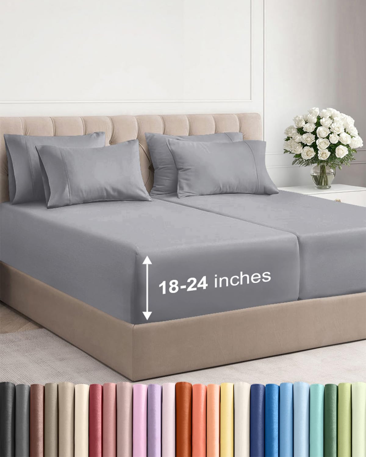 Photo 1 of Extra Deep Split King Sheet Set - 7 Piece Breathable and Cooling Sheets - Hotel Luxury Bedding for Women, Men, Kids & Teens - Easy Secure Fit - Soft & Wrinkle Free - Extra Deep Pockets - Steel Blue