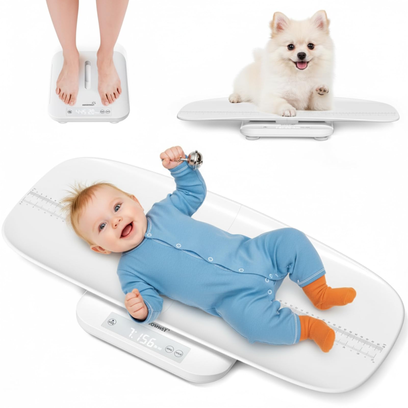 Bilancia digitale per bambini e animali domestici, capacità 150 kg con vassoio staccabile da 60 cm e funzione di tenuta, per neonati, cuccioli, adulti e oggetti, 5 unità, pulsante touch