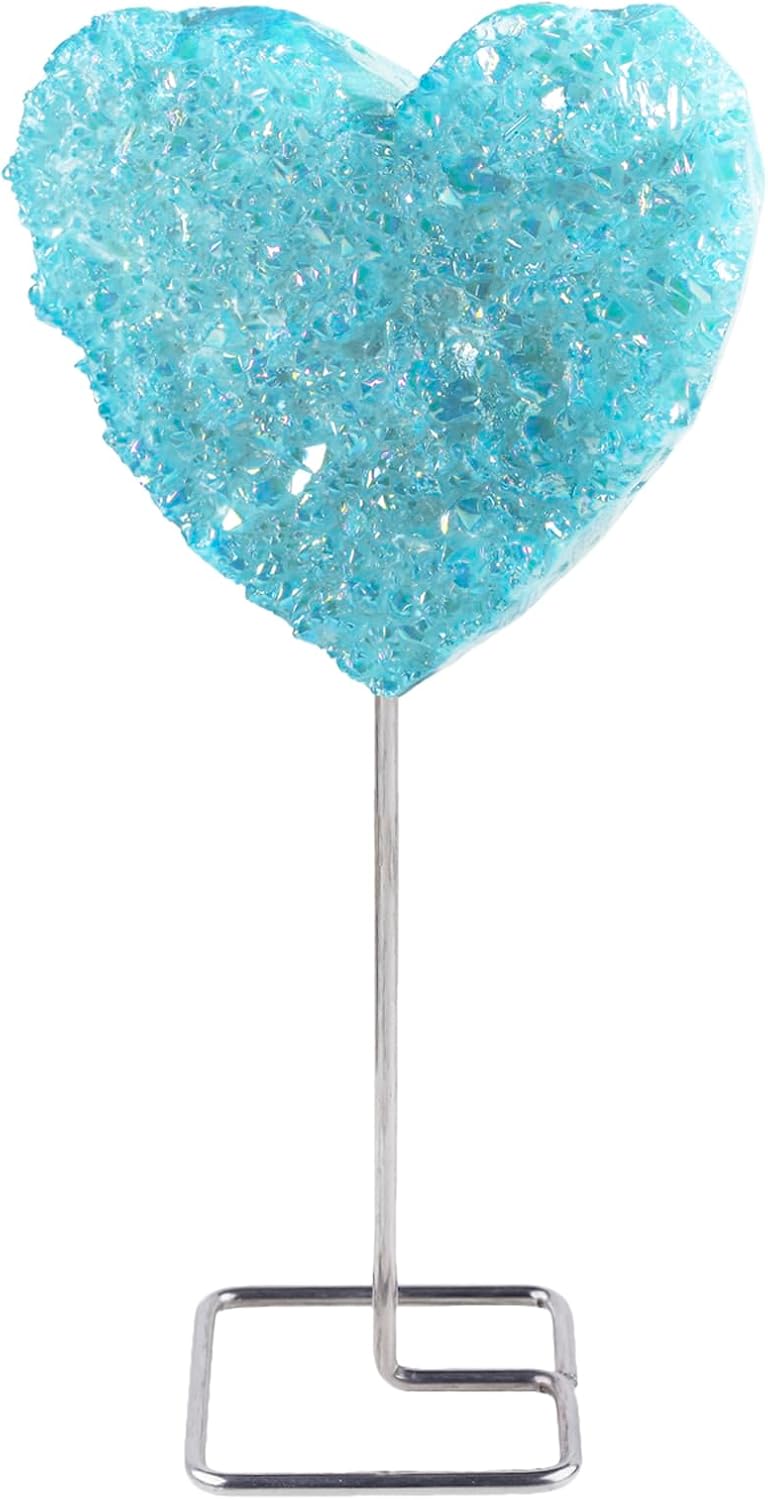 Rockcloud Natural Heart Shape Raw Plating Rock Crystal Cluster Geode with Metal Stand Display Desk Ornament Healing Reiki Gemstone Home Office Decoration