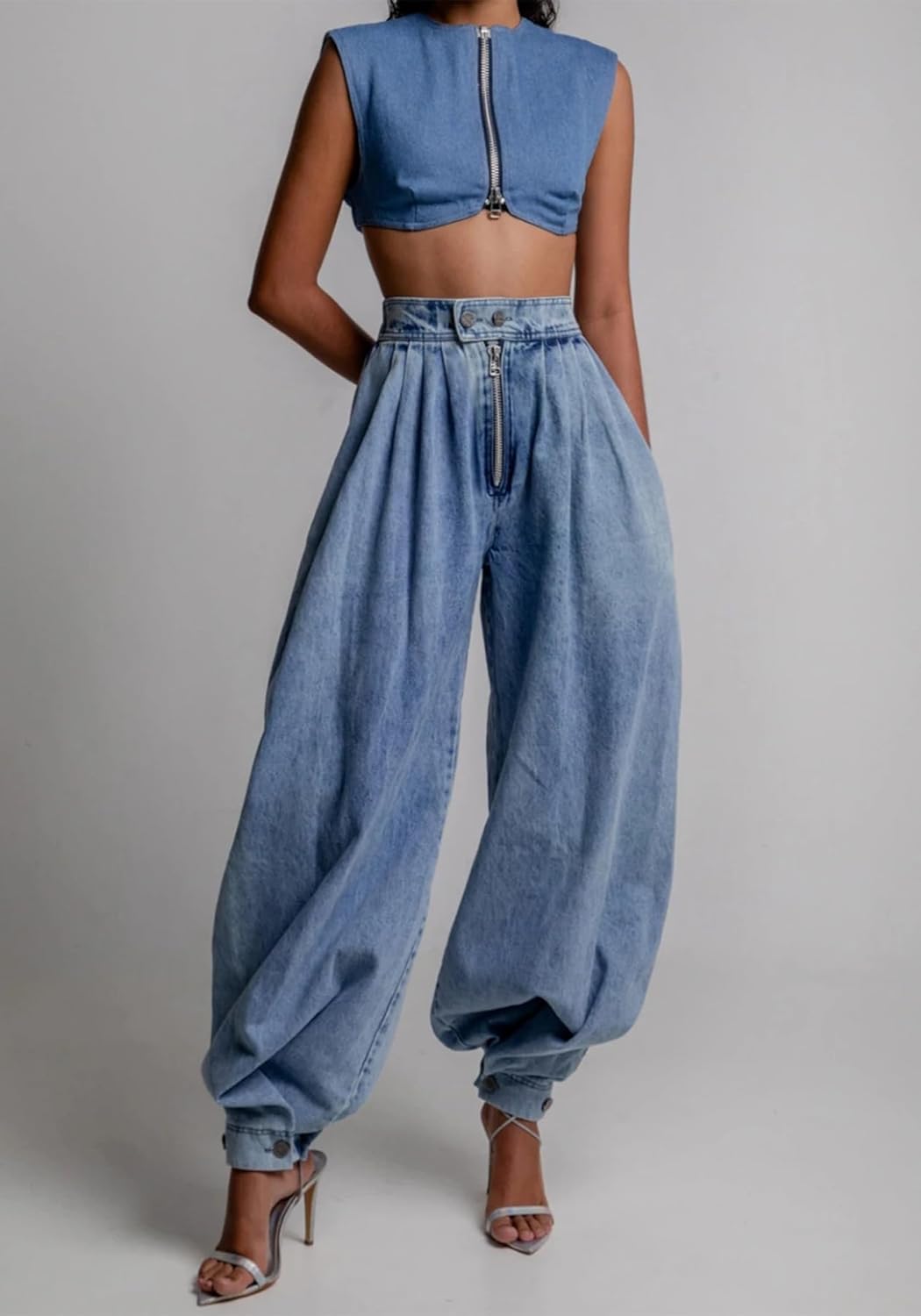 Womens Baggy Harem Jeans Zipper High Waisted Loose Trousers Wide Leg Vintage Balloon Casual Denim Pants - Image 3