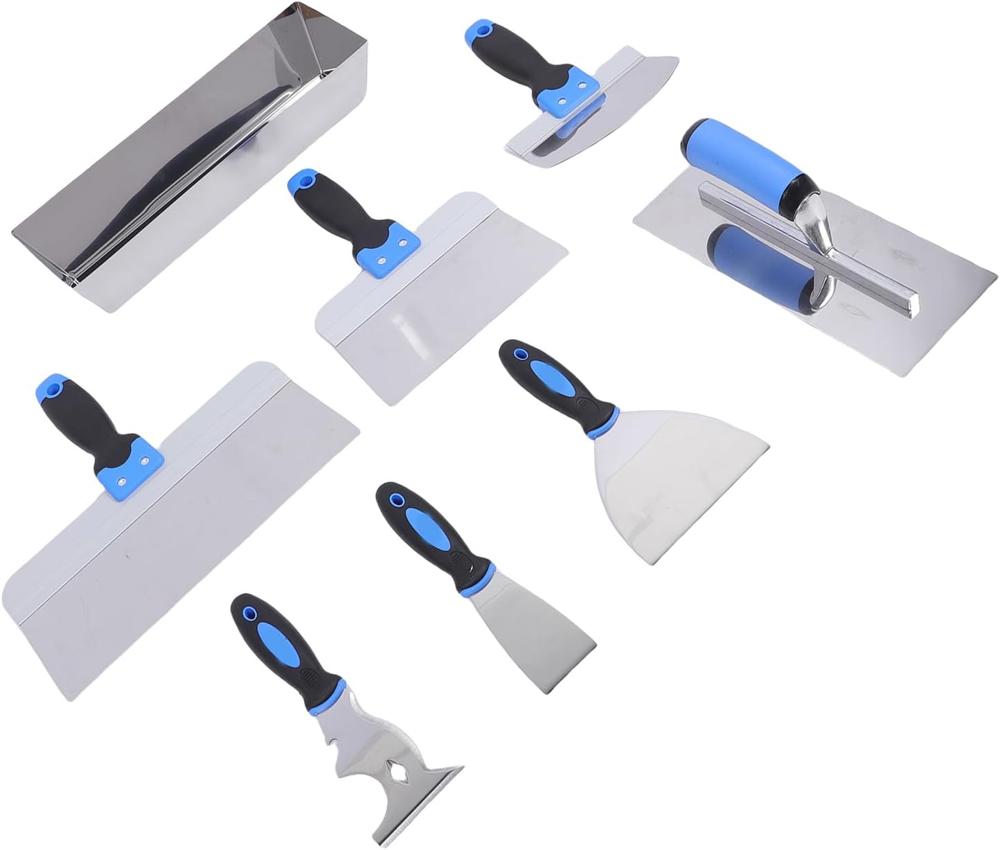 AUNMAS Drywall Spatula Set, 6 Pcs Stainless Steel Drywall Tools with Soft Grip PP and TPR Handle and Mud Pan, for Joint Taping Finishing Patching Wall Repair