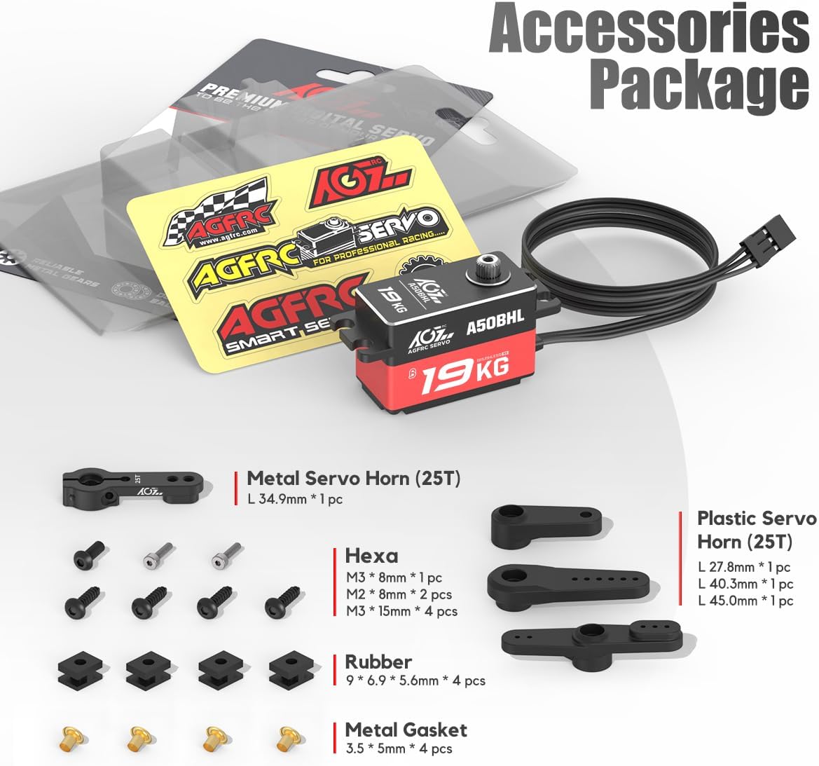 AGFRC 19KG Low-Profile Programmable-Digital-Servo - 0.073Sec High Speed Full Metal Gear Brushless RC Servo with 25T Metal Servo Horn for 1/10 RC Car, Control Angle 180° (A50BHL)