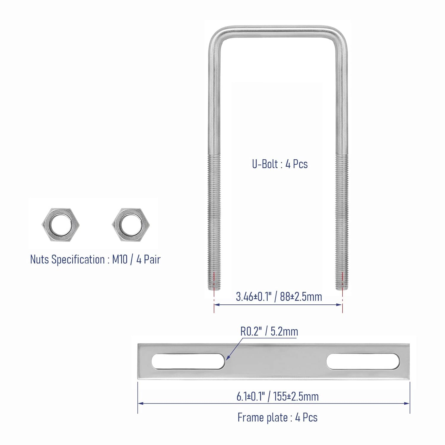 4 Sets 304 Stainless Steel Square U-Bolts 3.15"(80mm) Inner Width, 5.91"(150mm) Length Stainless M10 with Nuts, Frame Plate, Accessories for Automobiles Trailer, Boat Trailer Industrial Parts