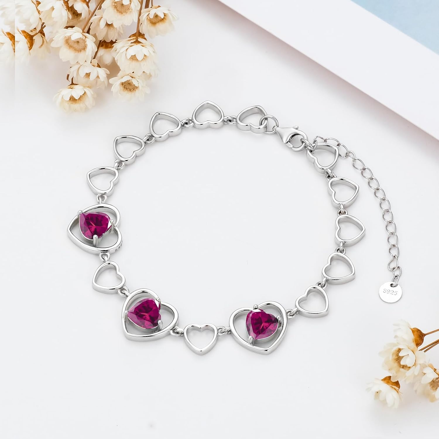 Mother's Day 3 Heart Birthstone Bracelet 925 Sterling Silver Gemstone Bracelets Jewelry Gifts for Women Wife Mother 6.5-inch Chain and 2-inch Extender