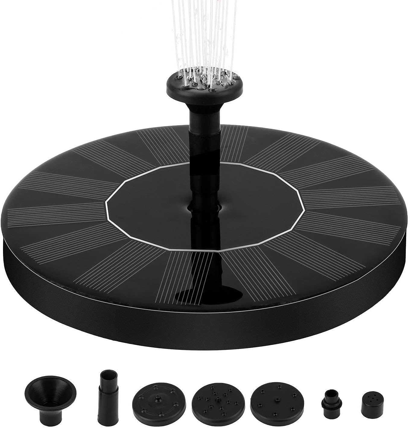 Solar Fountain Pump, 1.4W Free Standing Water Fountain Pump Kit with 4 Different Spray Pattern Heads for Bird Bath, Fish Tank, Small Pond and Garden