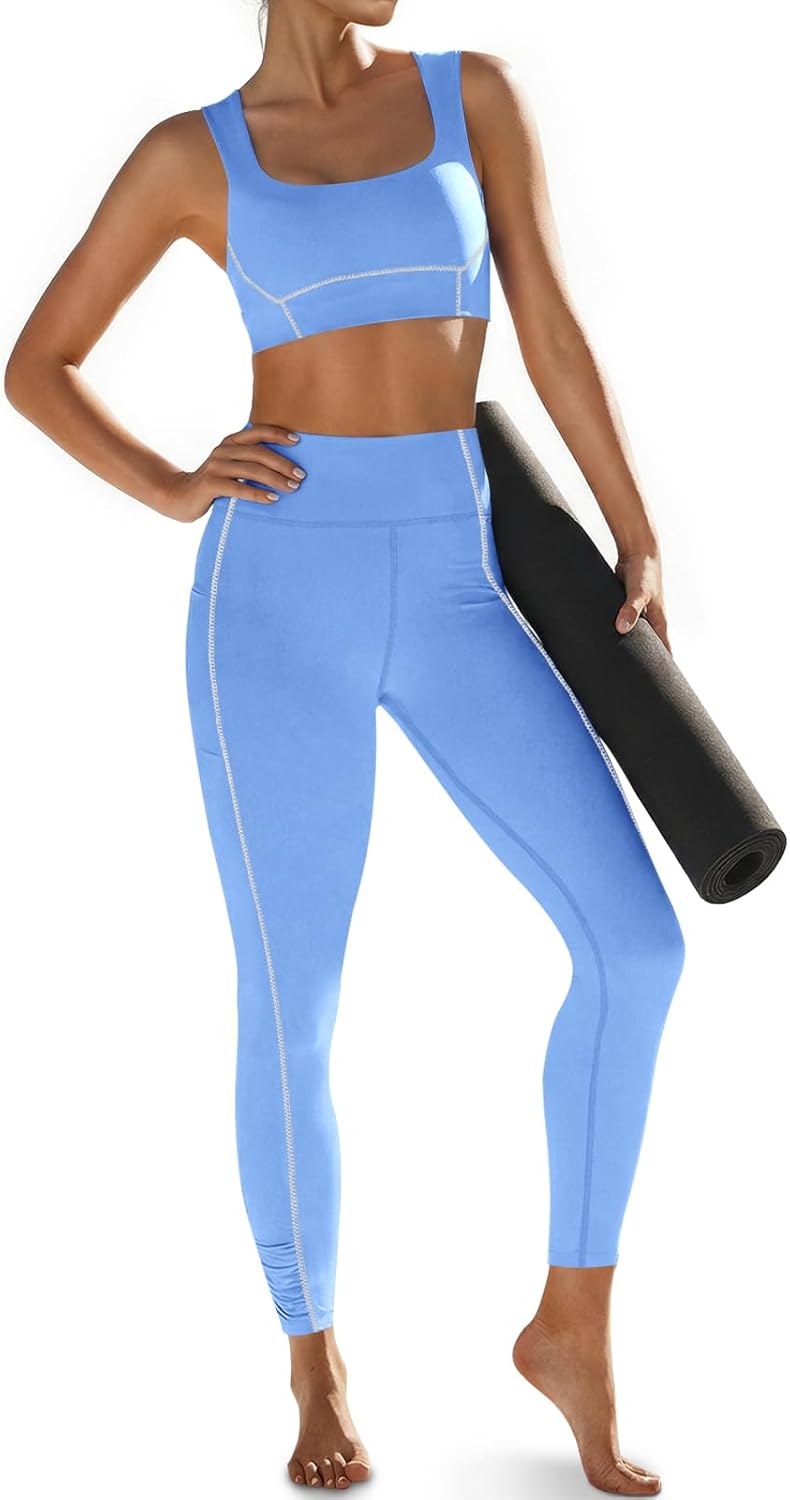 Aoysky Womens Buttery Soft 2 Piece Workout Sets Sports Bras and High Waisted Leggings with Pockets Athletic Gym Outfits