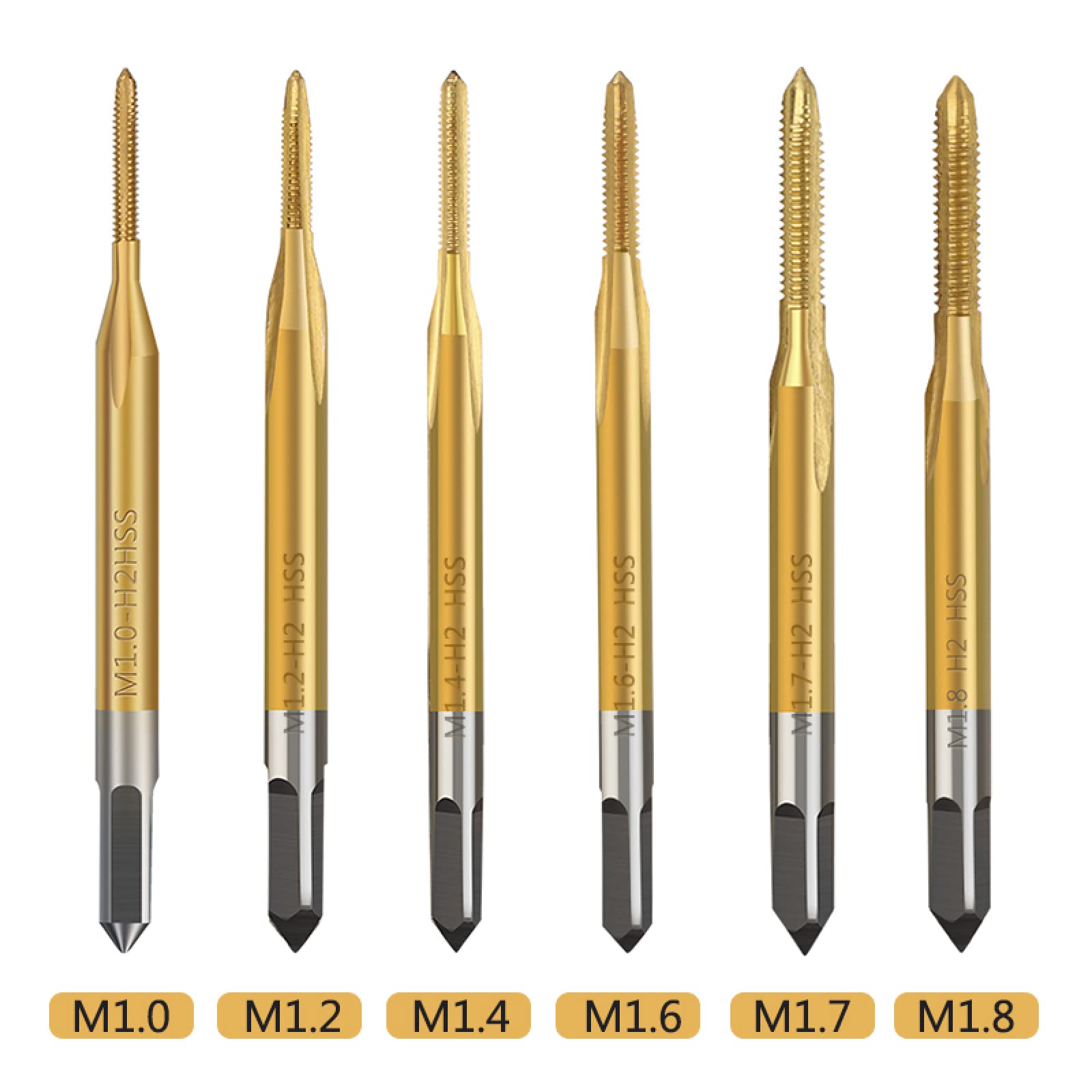 Set di 6 Punte per Trapano, Maschi per Macchina, Maschi per Viti metriche M1-M1.8, Maschi per Viti HSS, Maschi per Viti Rivestiti in Titanio