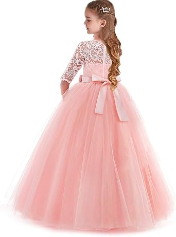FMYFWY Flower Girls 3/4 Sleeve Lace Tulle Dress Kids Pageant Party Communion Wedding Birthday Evening Dance Prom Ball Gown