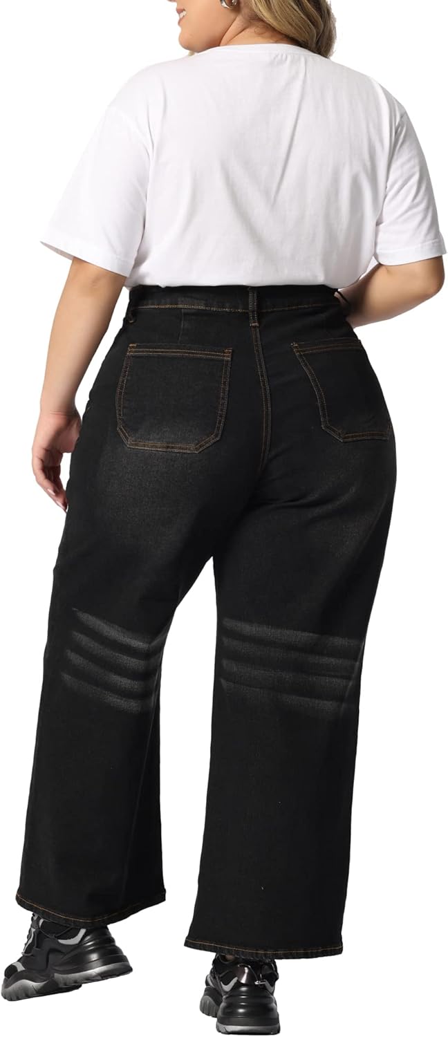 Agnes Orinda Plus Size Jeans for Women Wide Leg Washed Stretch with Pockets Palazzo Denim Jeans - Image 4