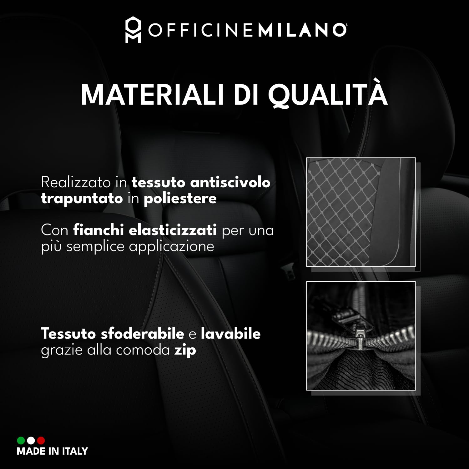 OFFICINE MILANO Coprisedili Auto Universali 11 Pezzi Antiscivolo Elasticizzato Trapuntato Poliestere