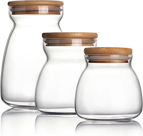 NUTRIUPS Tarros de almacenamiento de vidrio con tapas herméticas de bambú (10 onzas, 20 onzas, 34 onzas), 3 unidades, tarros de vidrio de café