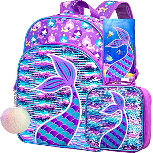 Mochila Infantil,Escolar Kit para Menina,3 Peças de Sereia Bolsa de Livro,16 Polegadas Juvenil Femin