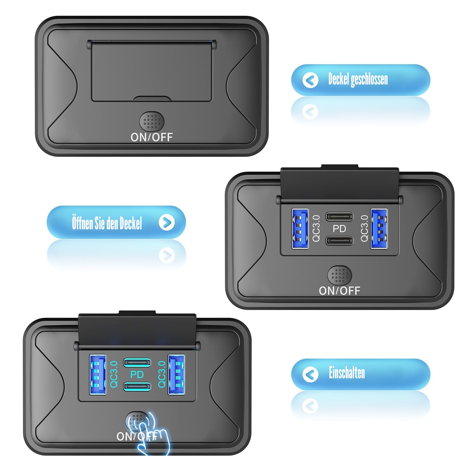 78W 4 Port 12V USB Steckdose Wandmontage, Dual 36W PD & Dual 18W QC3.0 Leichtgewichtige Aufputzmontage Ladesteckdosenleiste mit Tastschalter für Bus Wohnmobil LKW Marine Golf Cart
