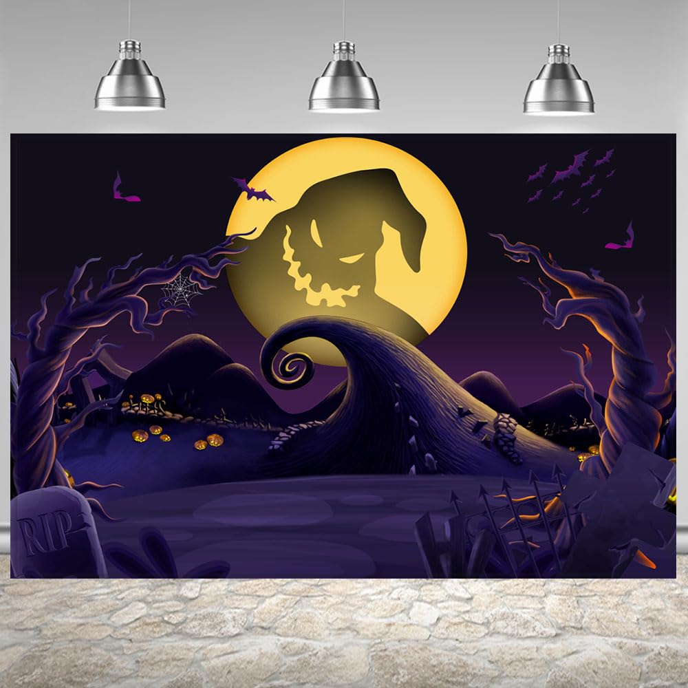 Lofaris6x4ft Happy Halloween Party Backdrop Nightmare Christmas Birthday Photography Background Pumpkin Jack Theme Party Decoration Yellow Full Moonlight Boys Girls Adult Portrait Photo Banner