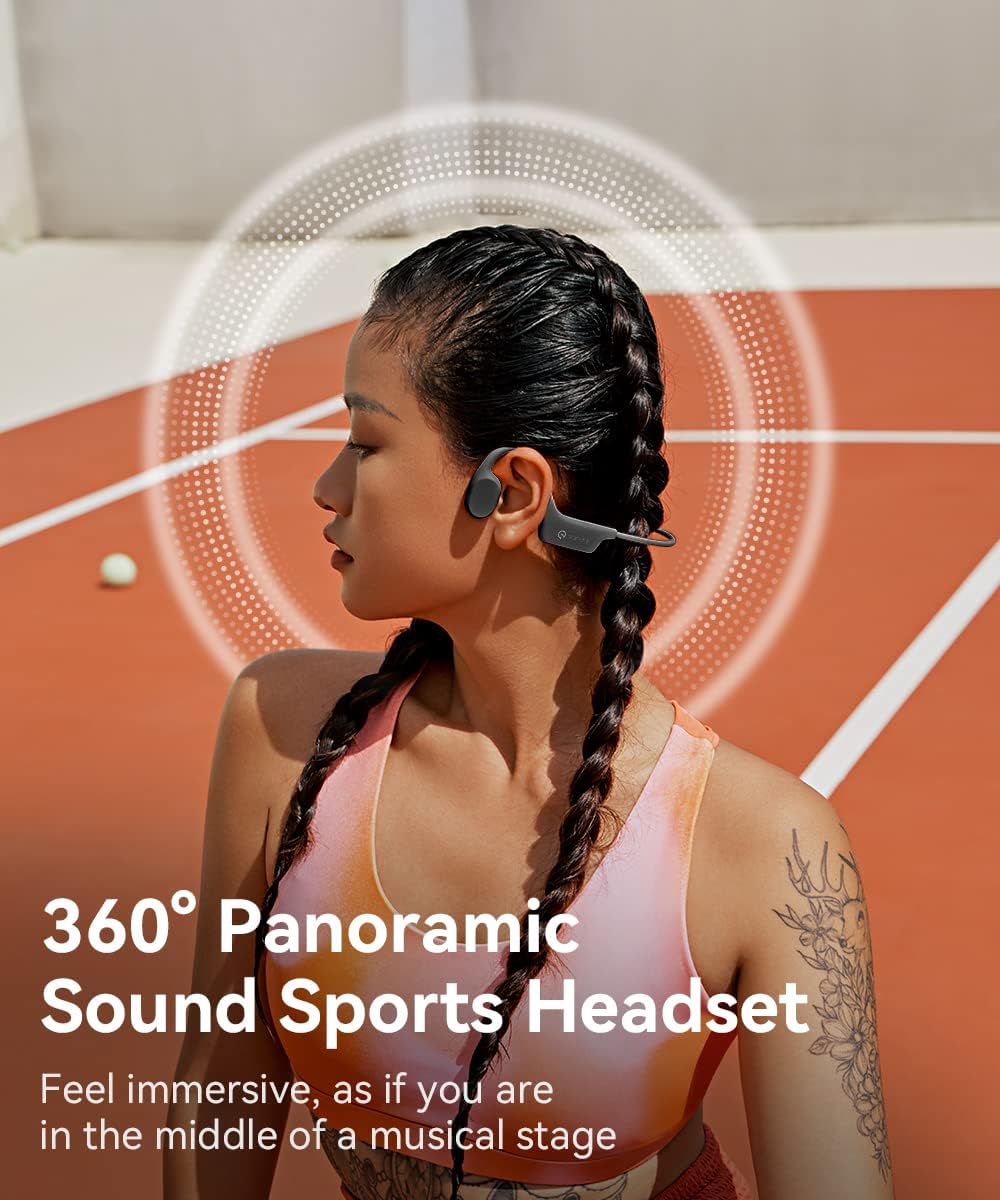 User wearing Sanag A30S headphones, highlighting the open-ear design and 360-degree panoramic sound technology.