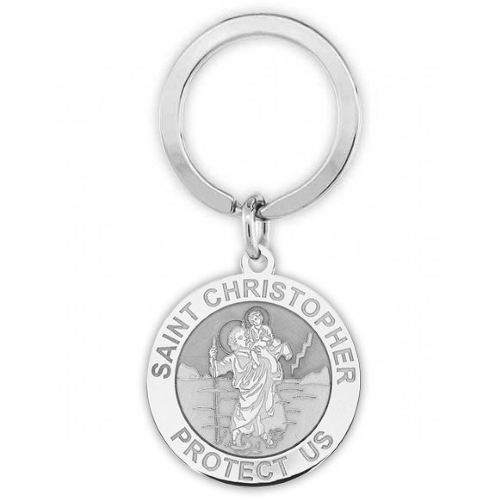 PicturesOnGold.com Saint Christopher Religious Engravable Keychain - 1 1/4 Inch X 1 1/4 Inch Round - Sterling Silver
