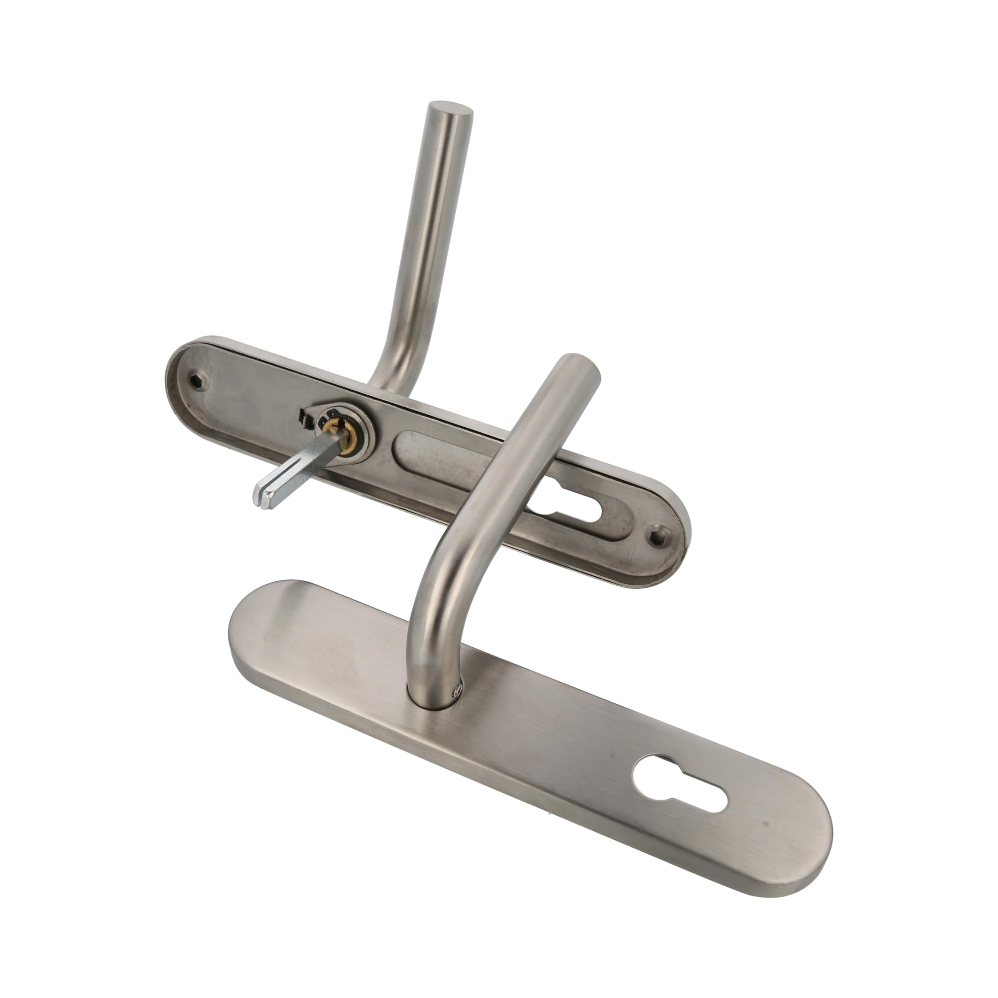 Amig - Juego de Manillas con Placa para puerta - Maneta con Bocallave - Mod. 4PXB - Acero inoxidable 18/8-230 x 45 mm - Cuadradillo de 8 mm - Plateado mate