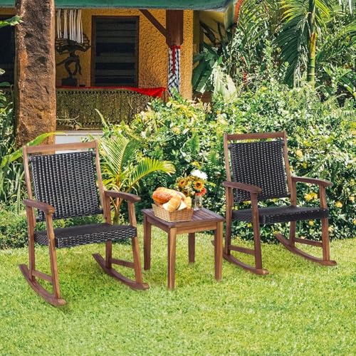 COSTWAY 3 Pieces Patio Rocking Chair Set, Outdoor Rattan Bistro Set with Acacia Wood Frame Armrest, Ideal for Garden, Lawn, Backyard