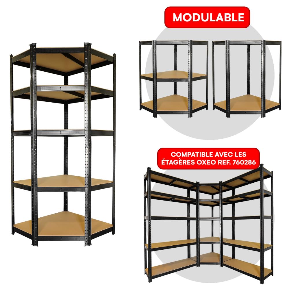 Étagère d'angle noire charges lourdes - en métal 5 plateaux - 875 Kg - 180x75x40cm - Étagère de coin - Garage atelier cave
