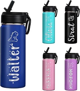 Ships from USA,Custom Water Bottle For School, 18 oz Personalized Stainless Steel Kids Water Bottle with Straw Lid,Double Wall Insulated BPA Free ,Personalized Gifts for Boys Girls (Engraved Names)