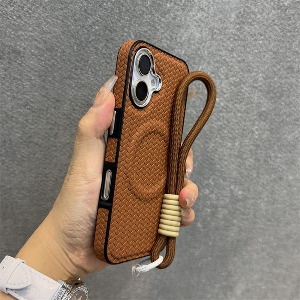 Étui en cuir tissé iPhone 13 Pro Max marron chic avec chaîne