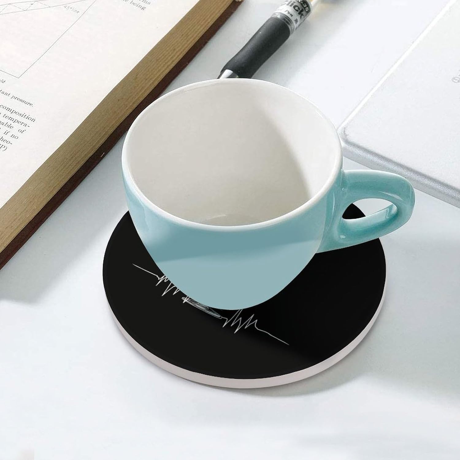 Wine Glass Heartbeat Coasters for Drink Round Ceramic Coaster with Cork Base Home Decorative 4PCS