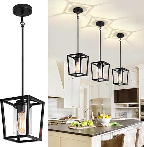 Miniatura 9 de Paquete de 2 luces colgantes negras para isla de cocina, moderna iluminación colgante de cristal sobre la isla, casa de campo, cocina, lámparas