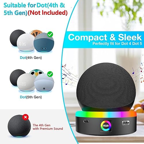 Miniatura 5 de Estación de carga para Echo Dot 4 5 generación, 4 modos de control táctil, sincronización de música RGB LED luz multicolor, soporte de escritorio