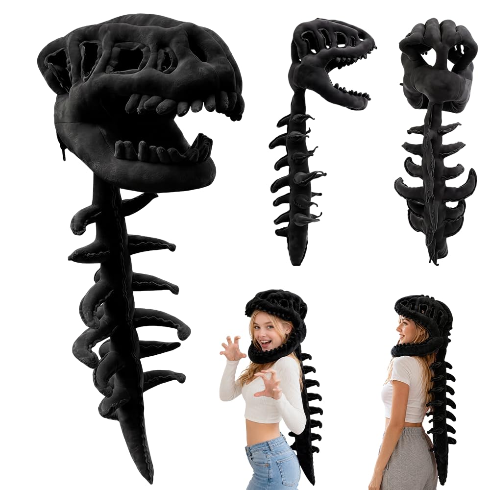 Foreverup Dinosaur Skeleton Costume, 3D Wearable Realistic Skeleton Dinosaur Costume, Dinosaurs Skull Headpiece and Spine Costumes, Wearable Soft Fossil Outfit for Halloween Cosplay, Themed Parties