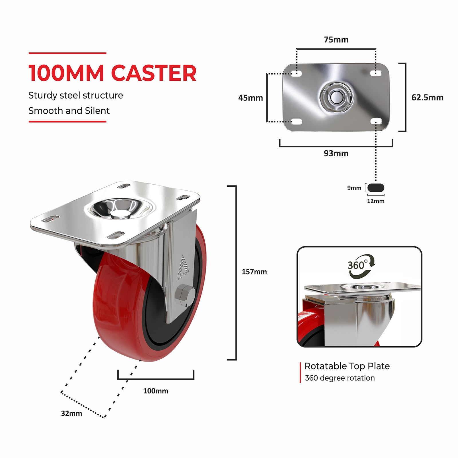 Auroh 4x Castor Wheels Large 100mm, 600KG Heavy Duty Polypropylene Swivel trolley wheels - Image 2