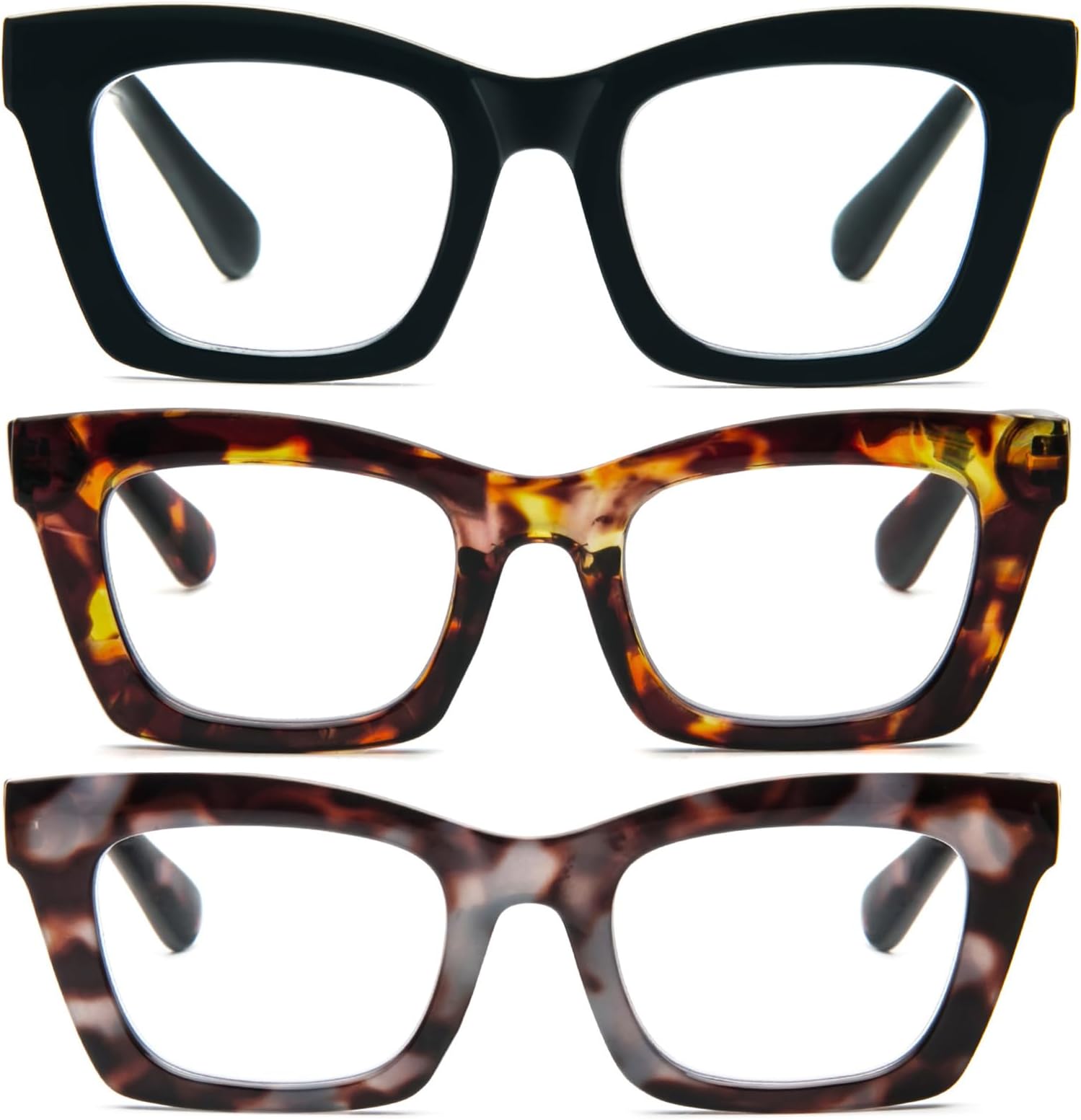 MMOWW 3 Pack Oversized Reading Glasses for Women Square Frame Fashion Style Readers Blue Light Blocking Reading Glasses (Black+Tortoiseshell+Grey-Blue Tortoiseshell, 1.75)