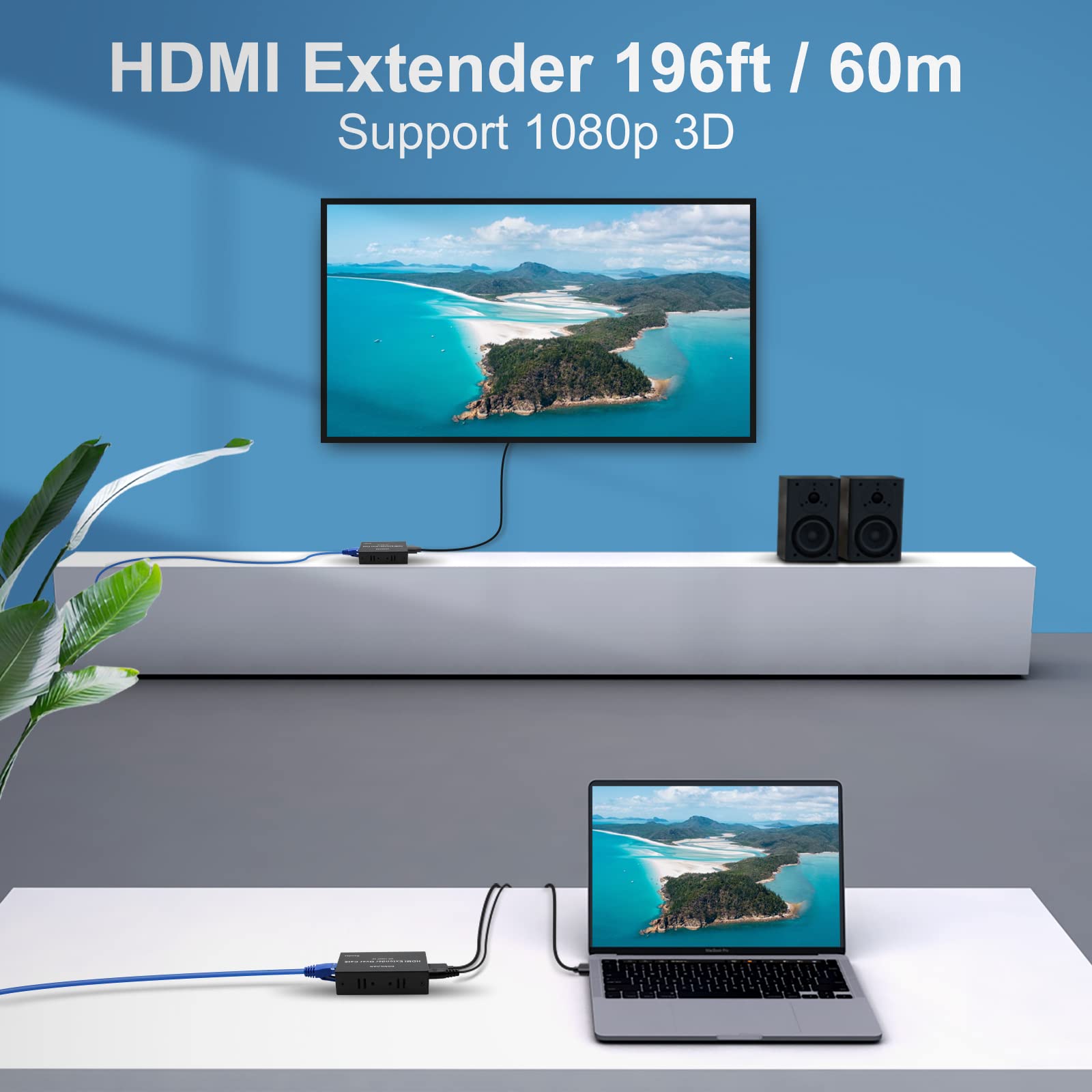 HDMI Extender Over Cat5e/6/7 Ethernet 1080p Up to 196ft HDMI Balun Sender Transmitter Receiver Support EDID and POC Function 3D HDCP — Amazon image 3