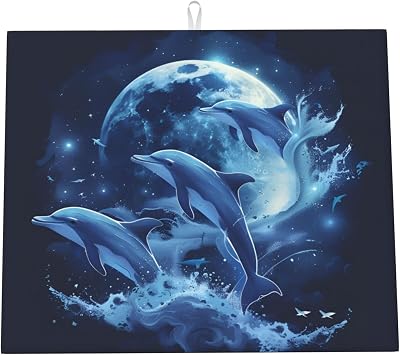 Blue Dolphin Ocean Moon Night Dish Drying Mat For Kitchen Counter Dry Mats Microfiber Dish Drainer Mat Protector Pad Absorbent Fast Drying Kitchen Must-Have 16x18 Inch