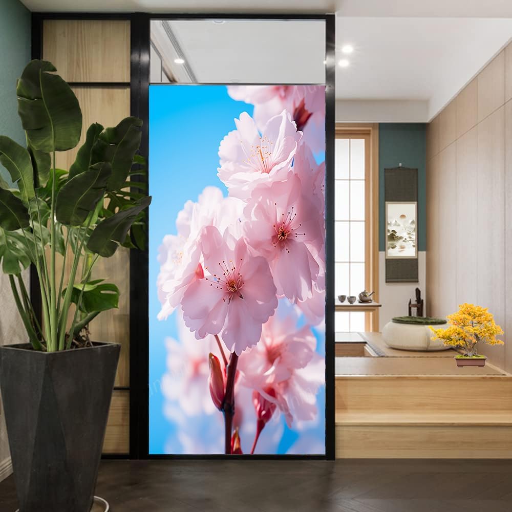 Gorgeous Peach Blossom Window Privacy Film Sticker Modern Colorful Nature Flower Frosted Window Film Stained Glass Adhesive Coverings for Bathroom Living Room 35.4Wx63L inch